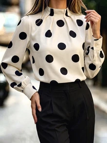 RosyDaze Kemeja Wanita Kerah Tegak Motif Polkadot Kasual Serbaguna untuk Pemakaian Sehari-hari - Aprikot - View 8