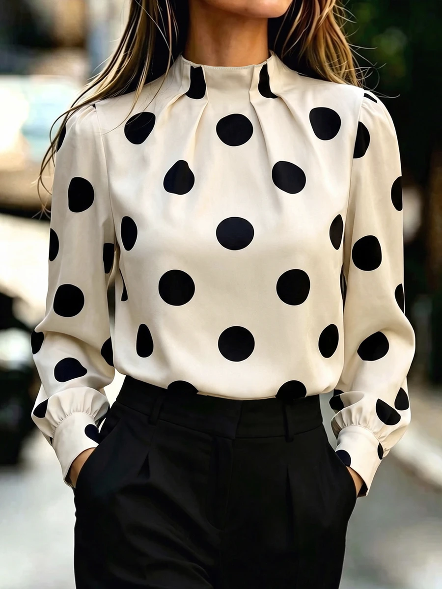 RosyDaze Kemeja Wanita Kerah Tegak Motif Polkadot Kasual Serbaguna untuk Pemakaian Sehari-hari - Aprikot - View 1