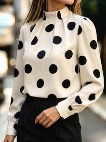 RosyDaze Kemeja Wanita Kerah Tegak Motif Polkadot Kasual Serbaguna untuk Pemakaian Sehari-hari - Aprikot - View 7
