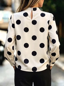 RosyDaze Kemeja Wanita Kerah Tegak Motif Polkadot Kasual Serbaguna untuk Pemakaian Sehari-hari - Aprikot - View 2