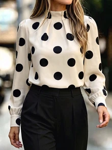 RosyDaze Kemeja Wanita Kerah Tegak Motif Polkadot Kasual Serbaguna untuk Pemakaian Sehari-hari - Aprikot - View 5