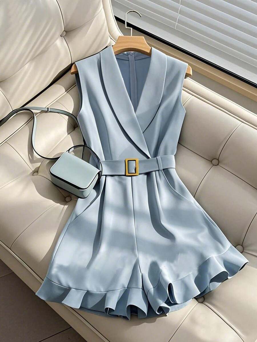 Franclia Fashionable Jumpsuits With Belt Waist, Women's Elegant Flowing Jumpsuits - Baby Blue - View 1