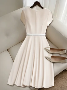 Franclia Women's Solid Color Pleated Short Sleeve Elegant Waist Cinched Midi Dress - Apricot - View 2