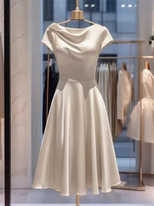 Franclia Women's Solid Color Pleated Short Sleeve Elegant Waist Cinched Midi Dress - Apricot - View 1