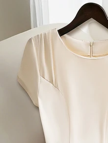 Franclia Women's Solid Color Pleated Short Sleeve Elegant Waist Cinched Midi Dress - Apricot - View 5
