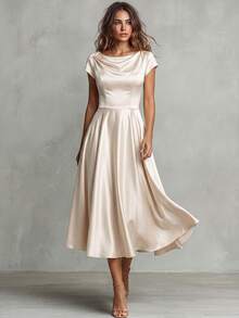Franclia Women's Solid Color Pleated Short Sleeve Elegant Waist Cinched Midi Dress - Apricot - View 3