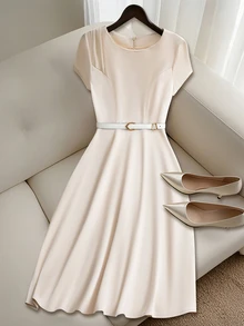 Franclia Women's Solid Color Pleated Short Sleeve Elegant Waist Cinched Midi Dress - Apricot - View 4