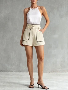 Franclia Women's Elegant Commuter Color Block Trim Shorts, Summer Micro Short - Beige - View 1