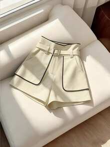 Franclia Women's Elegant Commuter Color Block Trim Shorts, Summer Micro Short - Beige - View 4