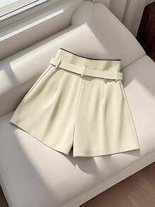 Franclia Women's Elegant Commuter Color Block Trim Shorts, Summer Micro Short - Beige - View 2