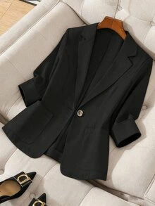 Franclia 3/4 Sleeve Linen Blazer With Notched Lapel And Cinched Waist, Office/Commuter Wear - Black - View 4