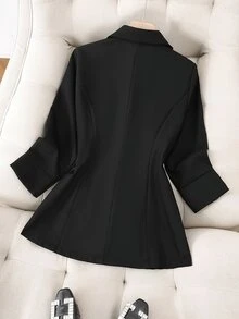 Franclia 3/4 Sleeve Linen Blazer With Notched Lapel And Cinched Waist, Office/Commuter Wear - Black - View 2