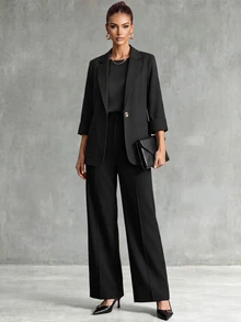Franclia 3/4 Sleeve Linen Blazer With Notched Lapel And Cinched Waist, Office/Commuter Wear - Black - View 1