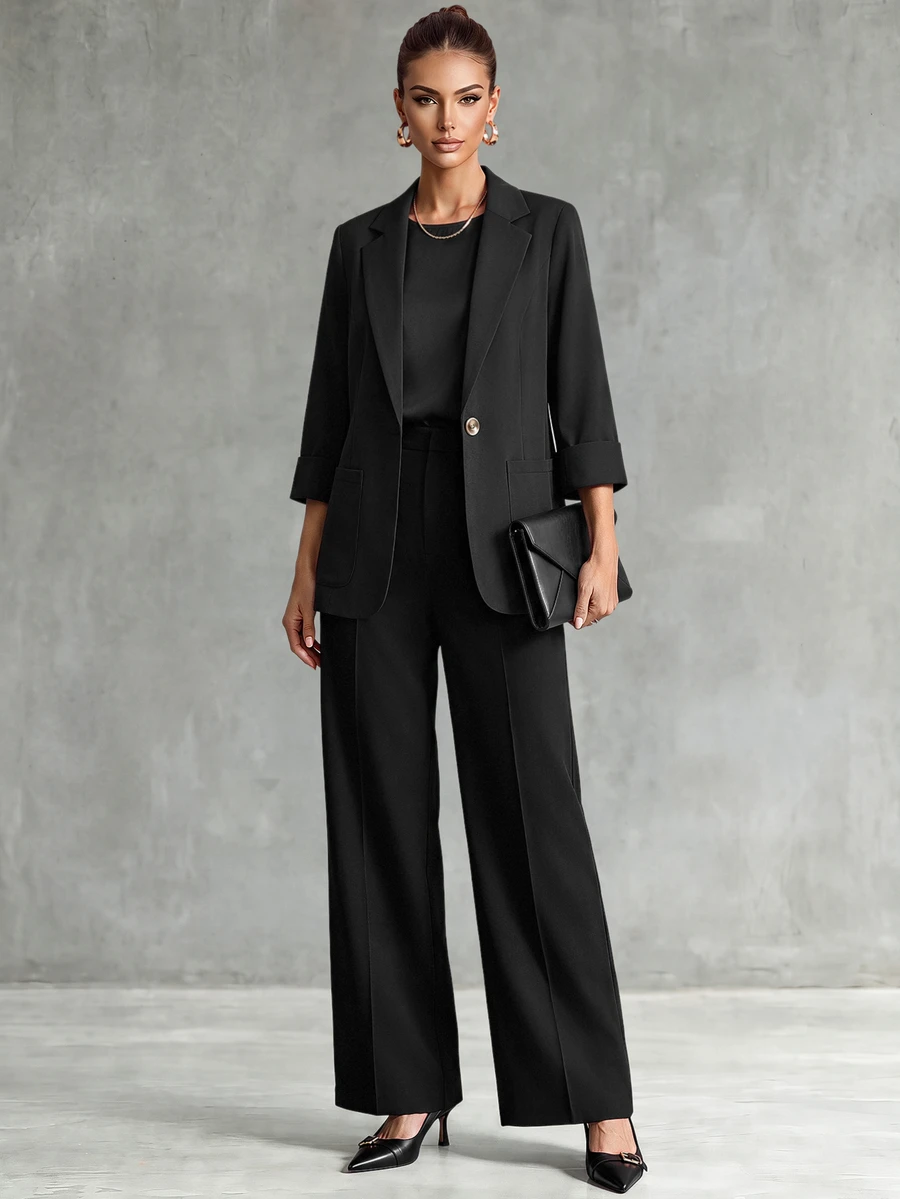 Franclia 3/4 Sleeve Linen Blazer With Notched Lapel And Cinched Waist, Office/Commuter Wear - Black - View 1