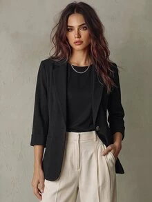 Franclia 3/4 Sleeve Linen Blazer With Notched Lapel And Cinched Waist, Office/Commuter Wear - Black - View 3