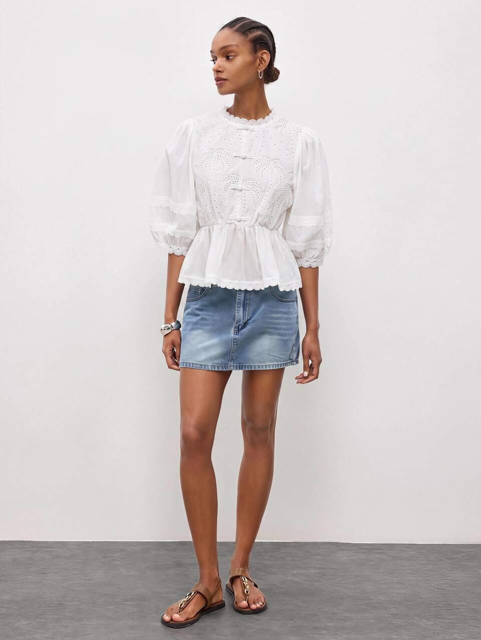 SHEIN Maija Women's Palm Tree Hollow Embroidery Petal Sleeve Ruffle Hem Blouse, Tea Party Vacation Bar Brunch Everyday Work Outfits, Summer White Elegant Romantic