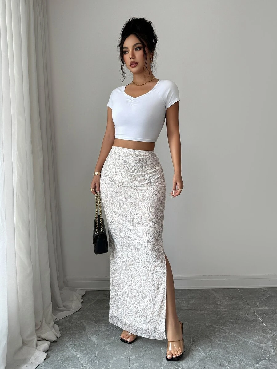 SHEIN Raffinéa Women's Lace Print Side Slit Skirt - White - View 1
