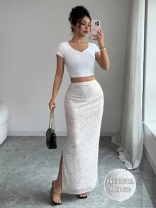 SHEIN Raffinéa Women's Lace Print Side Slit Skirt - White - View 3