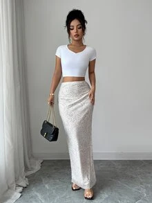 SHEIN Raffinéa Women's Lace Print Side Slit Skirt - White - View 6