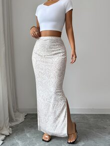 SHEIN Raffinéa Women's Lace Print Side Slit Skirt - White - View 5
