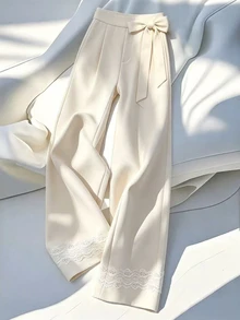SHEIN Franclia 女士优雅法式梭织长裤，腰部饰有蝴蝶结和蕾丝花边，适合夏季海滩、度假和休闲穿着。 - 白色 - 查看 1