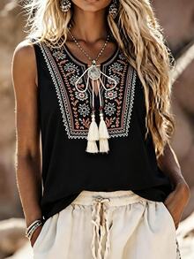 SHEIN 女款夏季休閒波西米亞風花卉印花背心上衣 度假風 黑色花卉 - 黑色 - 查看 2