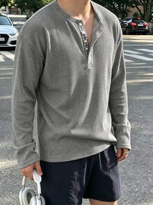 Resyla Men 男士休閒半開襟鈕扣長袖T恤 - 白色 - 查看 3