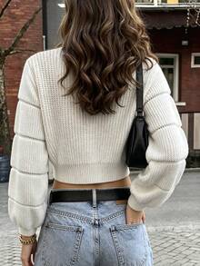SHEIN Franclia Mock Neck Lantern Sleeve Crop Sweater - White - View 2