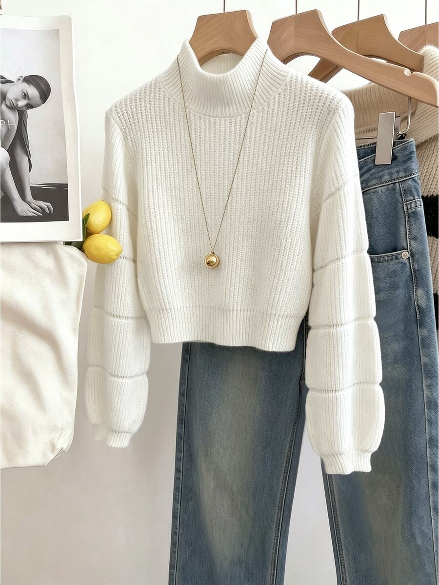 SHEIN Franclia Mock Neck Lantern Sleeve Crop Sweater - White - View 1