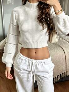 SHEIN Franclia Mock Neck Lantern Sleeve Crop Sweater - White - View 3