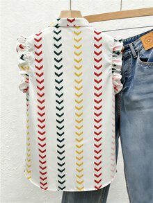 SHEIN Women's Vacation Geometric Print Single-Breasted Frill Trim Blouse Vacation White Summer Elegant - Multicolor - View 2