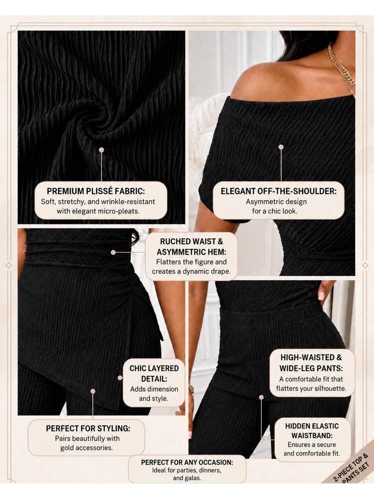 SOLERSUN Top con cuello asimétrico, dobladillo dividido y fruncido y pantalones de pierna acampanada - Negro - Añade 8