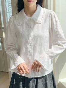 DAZY 女款純色荷葉邊飾長袖單排扣休閒襯衫 秋季 - 白色 - 查看 3