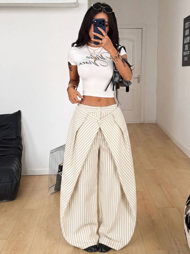 Coolane Apricot Woven Striped Design Women's Long Pants - Apricot - View 6