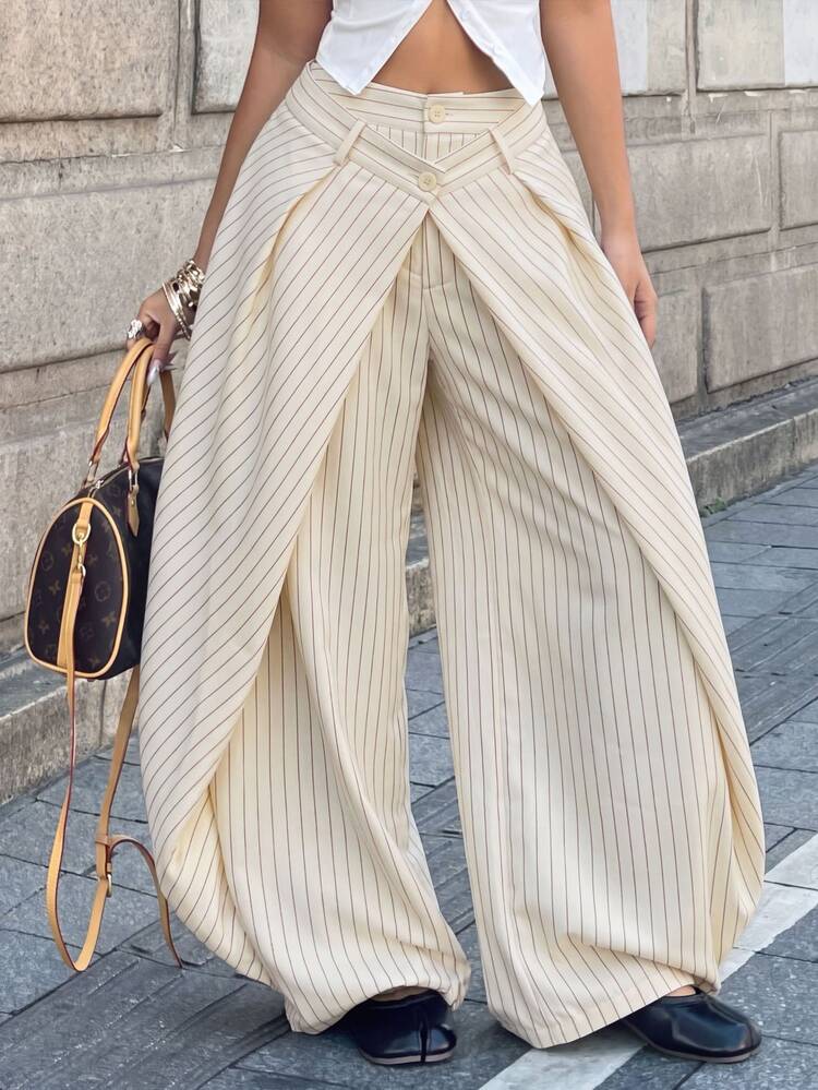 Coolane Apricot Woven Striped Design Women's Long Pants - Apricot - View 1