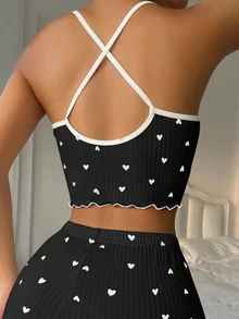 SHEIN 女士节日季心形印花蝴蝶结吊带睡衣上衣 - 黑色 - 查看 2