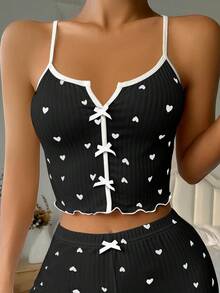 SHEIN 女士节日季心形印花蝴蝶结吊带睡衣上衣 - 黑色 - 查看 3