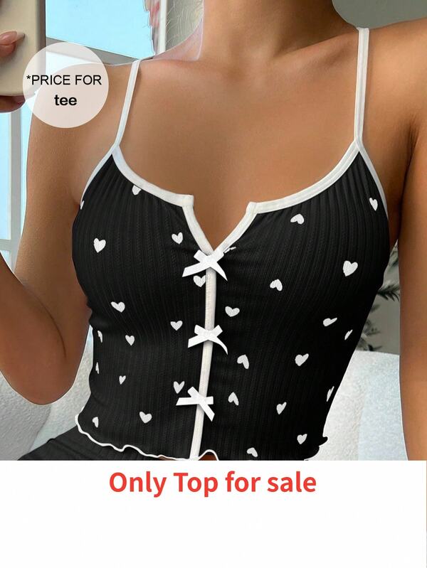 SHEIN Women's Heart Print Bow Strap Sleepwear Top Holiday Season