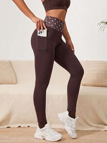 SHEIN Sports Women's Polka Dot Color Block Casual Daily Travel Sports Leggings - Brown - View 6