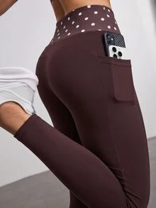 SHEIN Sports Women's Polka Dot Color Block Casual Daily Travel Sports Leggings - Brown - View 2