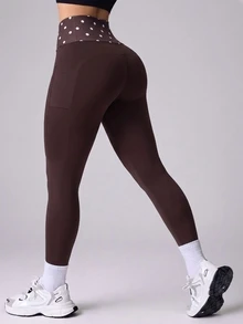 SHEIN Sports Women's Polka Dot Color Block Casual Daily Travel Sports Leggings - Brown - View 3