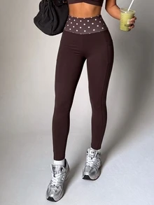 SHEIN Sports Women's Polka Dot Color Block Casual Daily Travel Sports Leggings - Brown - View 4