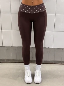 SHEIN Sports Women's Polka Dot Color Block Casual Daily Travel Sports Leggings - Brown - View 1
