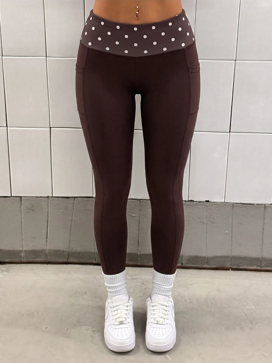 SHEIN Sports Women's Polka Dot Color Block Casual Daily Travel Sports Leggings - Brown - View 1