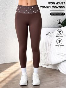 SHEIN Sports Women's Polka Dot Color Block Casual Daily Travel Sports Leggings - Brown - View 5