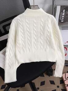 SHEIN Kids Tween Girl Fashion Casual Retro Autumn/Winter Sweater Jacket High Neck Solid Color Zip-Up Cardigan - Apricot - View 3