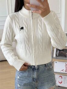 SHEIN Kids Tween Girl Fashion Casual Retro Autumn/Winter Sweater Jacket High Neck Solid Color Zip-Up Cardigan - Apricot - View 2