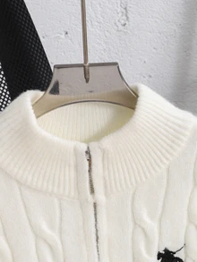 SHEIN Kids Tween Girl Fashion Casual Retro Autumn/Winter Sweater Jacket High Neck Solid Color Zip-Up Cardigan - Apricot - View 6