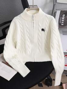 SHEIN Kids Tween Girl Fashion Casual Retro Autumn/Winter Sweater Jacket High Neck Solid Color Zip-Up Cardigan - Apricot - View 7