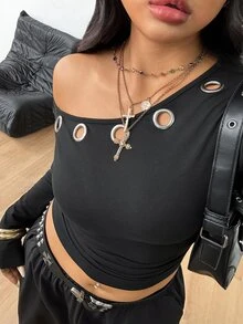 Coolane 女款大尺碼秋冬外出街頭風正式優雅彈性金屬孔眼不對稱領長袖黑色上衣，萬聖節穿搭 - 黑色 - 查看 6